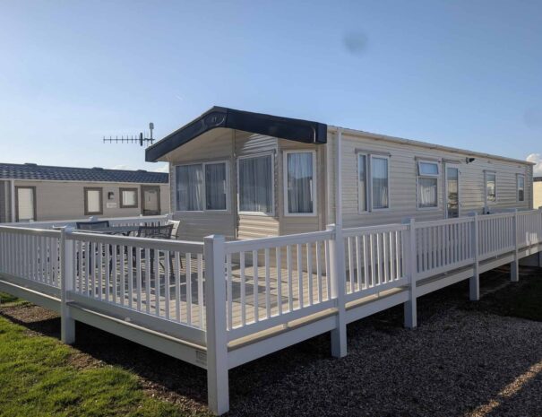 Carnaby caravan with large outdoor deck area.